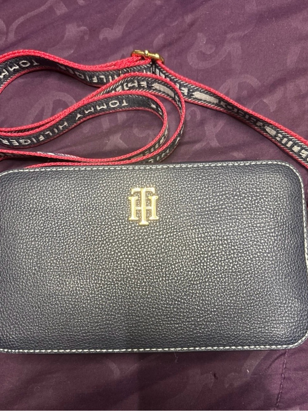 Tommy Hilfiger Navy Faux Leather Crossbody with Red Trim